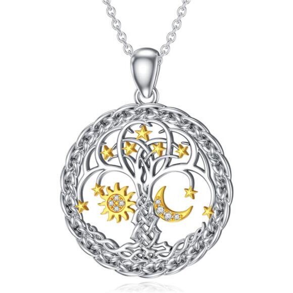 Diamond Sun and Moon Tree of Life Necklace for Women in 925...